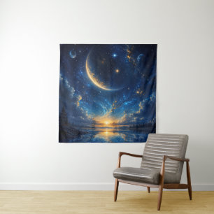 Kosmische Mondsichel-Fantasielandschaft — Blaues G Wandteppich