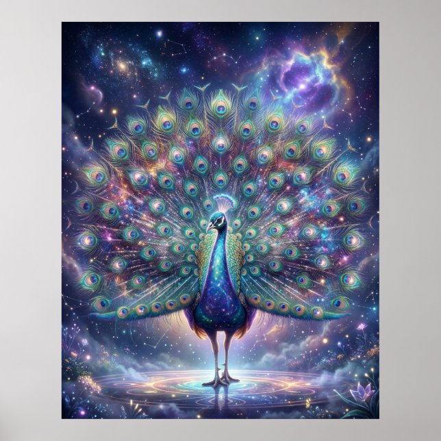 Kosmische Pfauen-Galaxie-Federn Poster (Vorne)