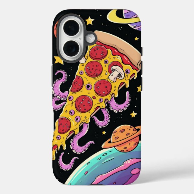 Kosmische Pizza Slice: Quirky Space Adventure iPhone 16 Hülle (Rückseite)