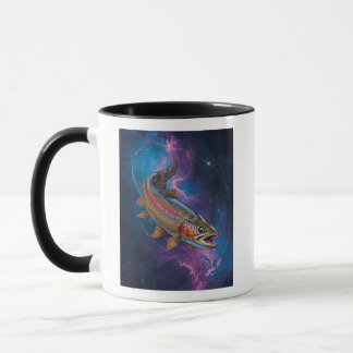 Kosmische Regenbogenforelle schwimmt im Galaxienne Tasse