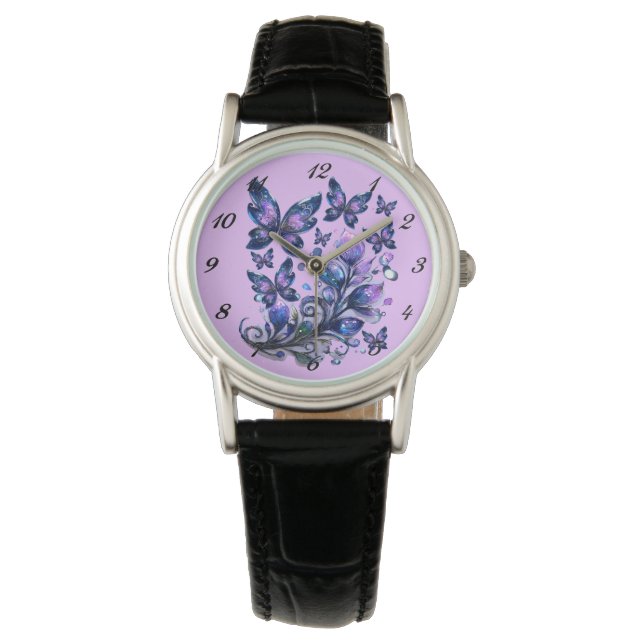 Kosmische Schmetterlinge Rosa Armbanduhr (Vorderseite)