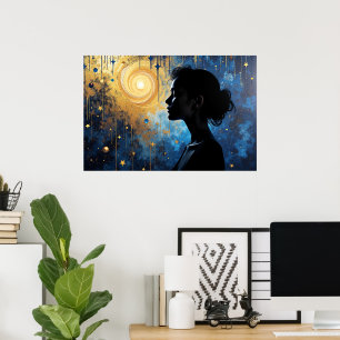 Kosmische Silhouette - Frau im Golden Swirl Galaxi Poster