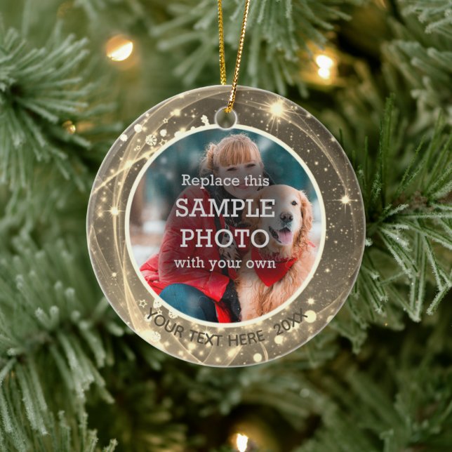 Kosmische Sterne Gold Zwei Foto Keramik Ornament (Baum)