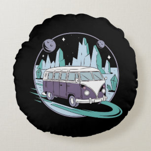 Kosmische Straßenfahrt - Retro Van Unter den Stern Rundes Kissen