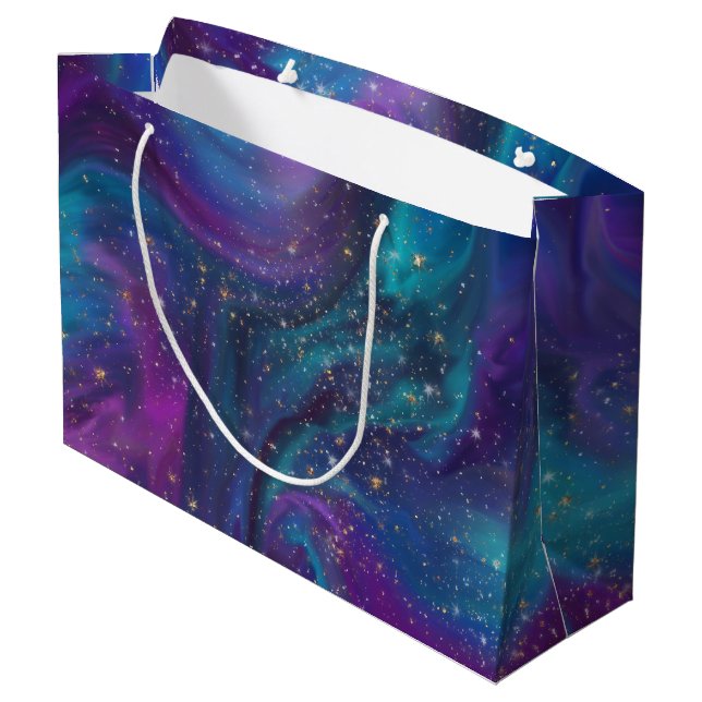 Kosmische Tinte | Türkisblaue Lila Galaxie Große Geschenktüte (Rückseite Schrägansicht)