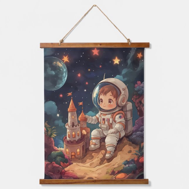 Kosmische Träume: Das Schloss des jungen Astronaut Wandteppich Mit Holzrahmen (Vorderseite)