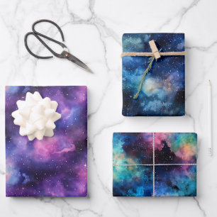 Kosmische Wasserfarbe Blau Lila Galaxie Nebel Geschenkpapier Set