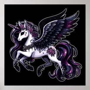 Kosmischer Einhorn-Glitzer dunkler Pegasus Poster