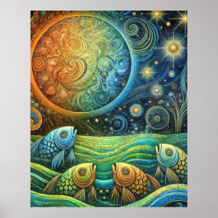 Kosmischer Fisch und himmlische Sonne Lebendige Oz Poster
