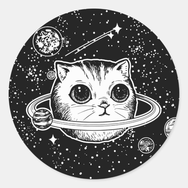 Kosmischer Katzenplanet, schwarz-weiß Runder Aufkleber (Vorderseite)
