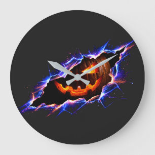 Kosmischer leuchtender Halloween-Kürbis mit Riss Große Wanduhr