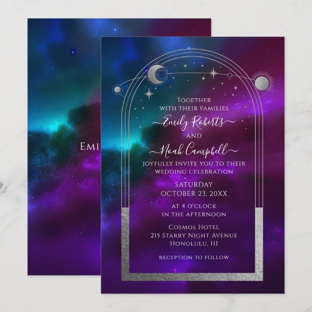 Kosmischer Lila Aquamariner Silver Sun Moon Astron Einladung (Vorne/Hinten)