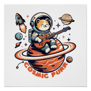 Kosmischer Schnurrer - Astro-Gitarrist-Katze Poster