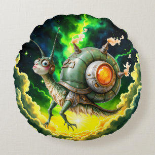 Kosmischer Steampunk-Schnecken-Vogel – Neon-Traum- Rundes Kissen