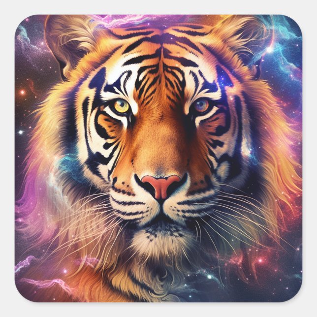 Kosmischer Tiger Quadratischer Aufkleber (Vorderseite)
