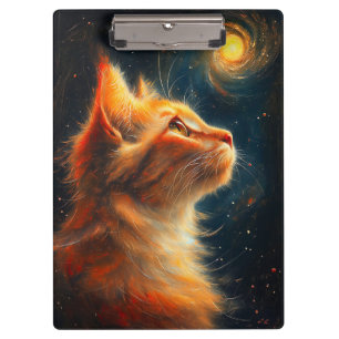 Kosmischer Träumer Sternengucker-Kater mit rotem Klemmbrett