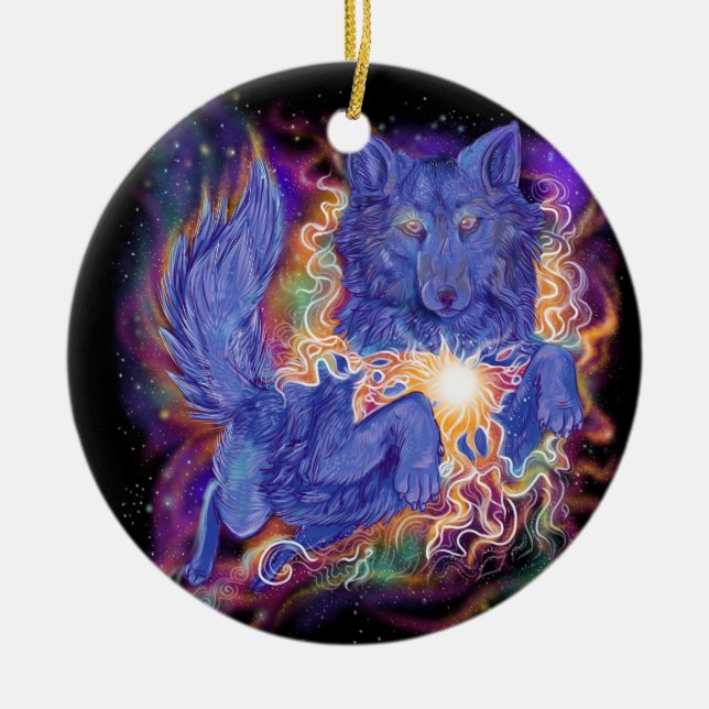 Kosmischer Wolf Keramik Ornament (Vorne)