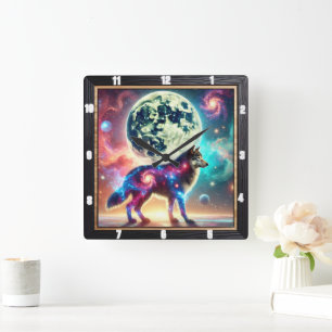 Kosmischer Wolf mit galaktischen Elementen und Mon Quadratische Wanduhr