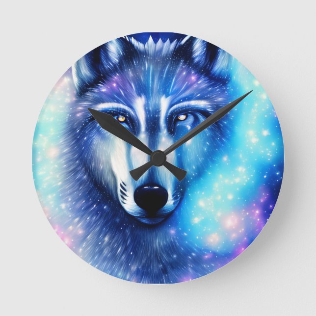 Kosmischer Wolf Runde Wanduhr (Vorderseite)
