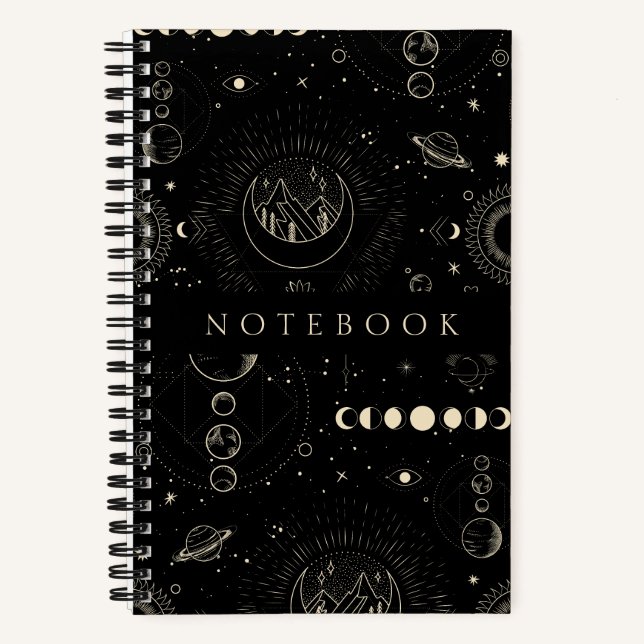 Kosmisches Cooles Schwarzes Notebook mit Monden un Notizbuch (Vorderseite)