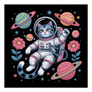 Kosmisches Katzenastronaut in Neon-Weltraum-Vaporw Poster