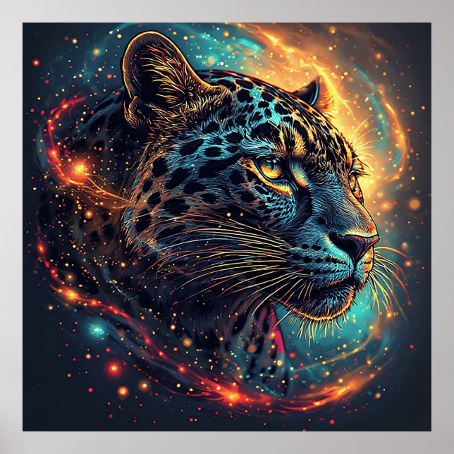 Kosmisches Leopardenportrait mit mystischer Wirkun Poster (Vorne)
