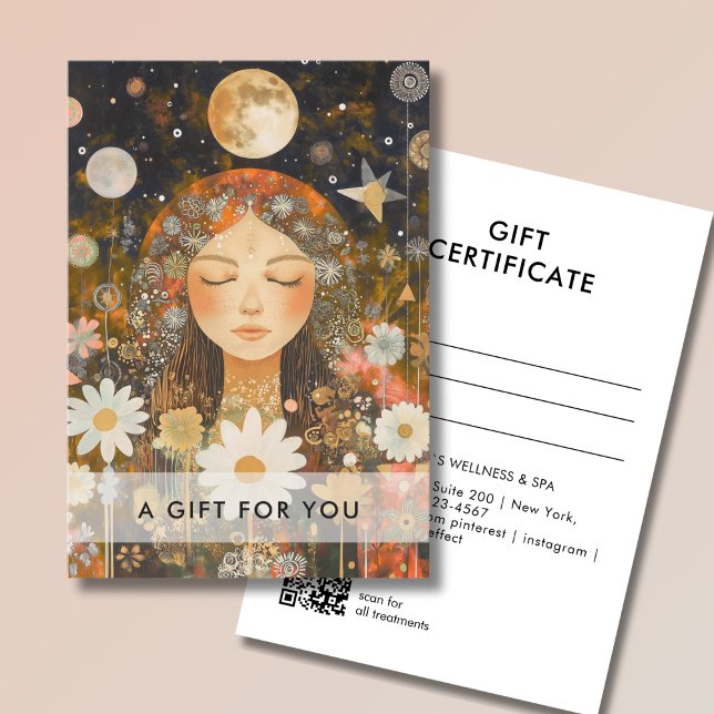 Kosmisches Mädchen Boho Mond QR-Code-Geschenkgutsc (Cosmic Girl Boho Moon QR Code Salon Gift Certificate Orange & Gold)