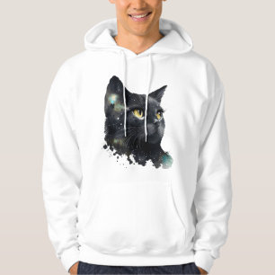 Kosmisches schwarzes Katze-Wasserfarben-T-Shirt – Hoodie