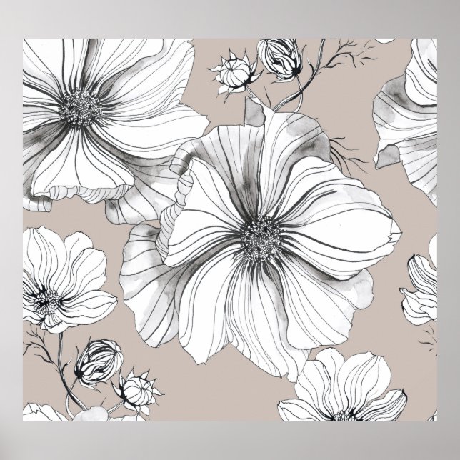 Kosmos Blume: Botanisches Zeichnend Muster. Poster (Vorne)