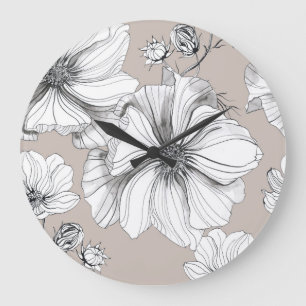 Kosmos-Blumen: Botanisches Zeichnungsmuster. Große Wanduhr