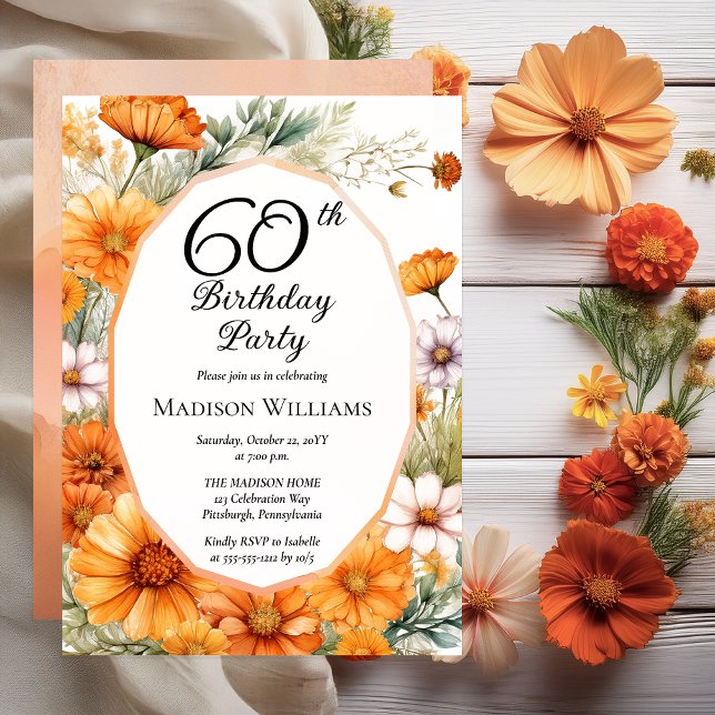 Kosmos | Marigolds Floral 60. Geburtstagsparty Einladung (Beautiful Boho Cosmos and Marigolds Floral 60th Birthday Party Invitation - Print | Digital Download)