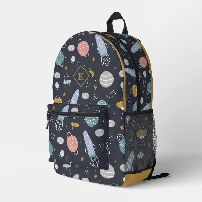 Kosmos Muster mit Raumschiffen, Planeten Sternen Bedruckter Rucksack (Rückseitige Ecke Rechts)
