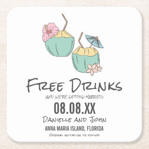 Kostenlose Drinks Coconut Beach Hochzeit Save the  Rechteckiger Pappuntersetzer