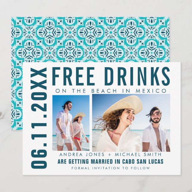 Kostenlose Drinks Foto Mexico Beach Hochzeit Ankündigung (Vorne/Hinten)