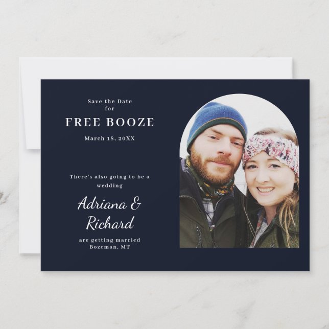 Kostenlose Getränke Funny Foto Hochzeit retten das Save The Date (Vorderseite)