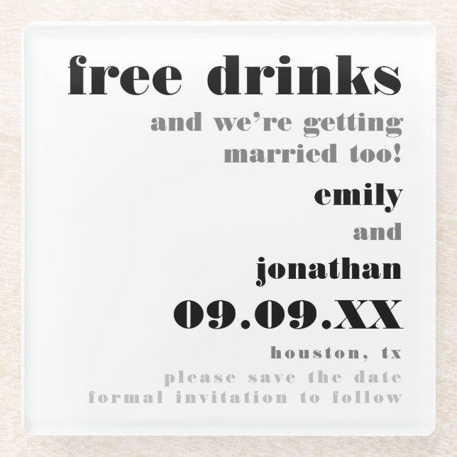 Kostenlose Getränke Save the Date heiraten Glasuntersetzer (Vorderseite)