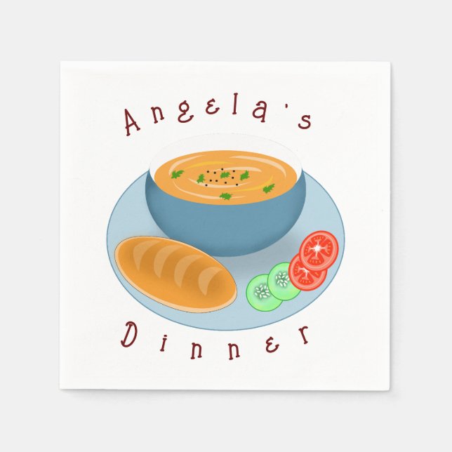 Köstliche Abendsuppe mit Brot und Gemüse Serviette (Vorderseite)