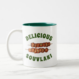 Köstliche Souvlaki Fleisch Schweinefleisch Skewer Zweifarbige Tasse
