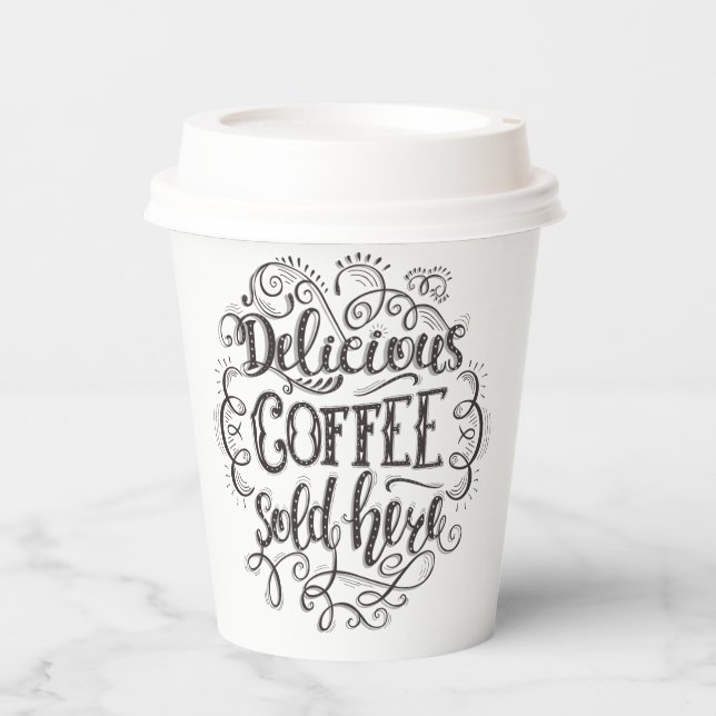 Köstlicher Kaffee hier verkauft | Logo hinzufügen Pappbecher (Vorderseite)