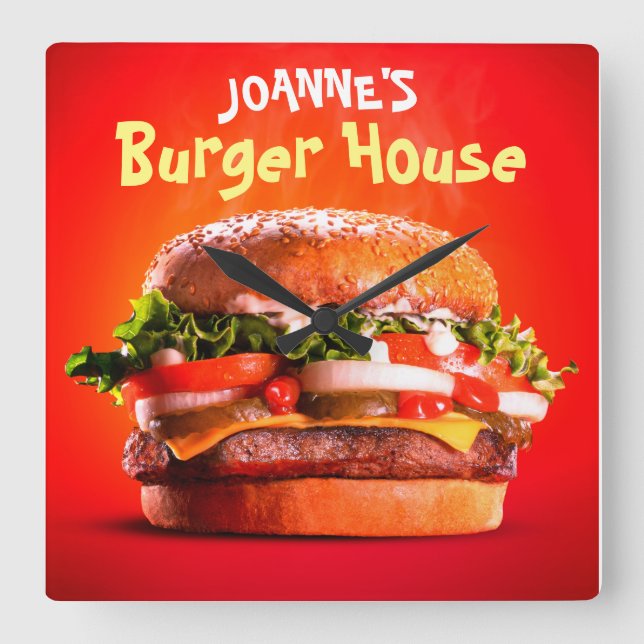 Köstliches Steak Cheese Burger House Quadratische Wanduhr (Vorderseite)