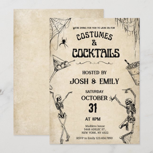 Kostüme & Coctails Vintage Skelette Halloween Einladung (Vorne/Hinten)