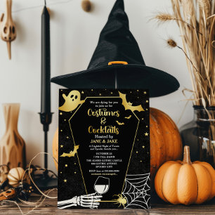 Kostüme und Cocktails Black & Gold Halloween-Party Einladung