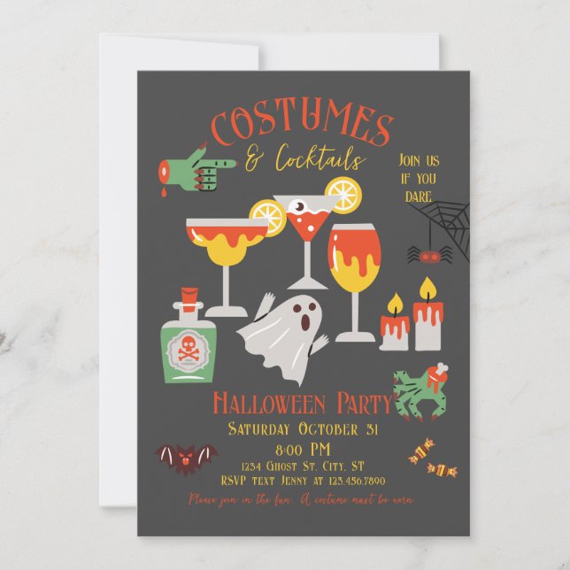Kostüme und Cocktails Halloween-Party Einladung (Vorderseite)