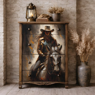 Kowgirl in Leder auf Dunklem Pferd Découpage Seidenpapier