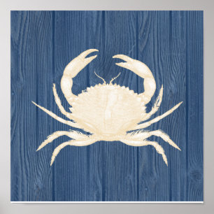 Krabbe Vintage Blau Holz Strand Poster