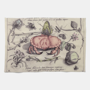 Krabben-Botanische-Insekten-Blumen-Illustration Geschirrtuch