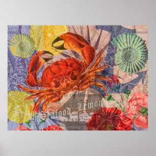 Krabben-Nautik-Strand-Meeresfrüchte-Kunst Poster