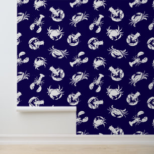 Krabben und Hummer Navy Blue und White Seafood Tapete
