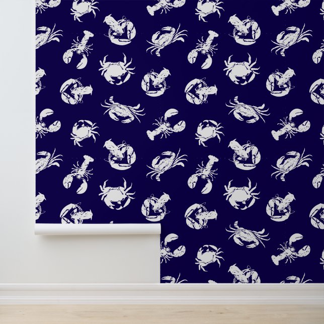 Krabben und Hummer Navy Blue und White Seafood Tapete (Anwendung)