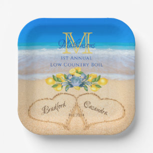 Krabben und Lemon Wedding Hearts in Sand Pappteller